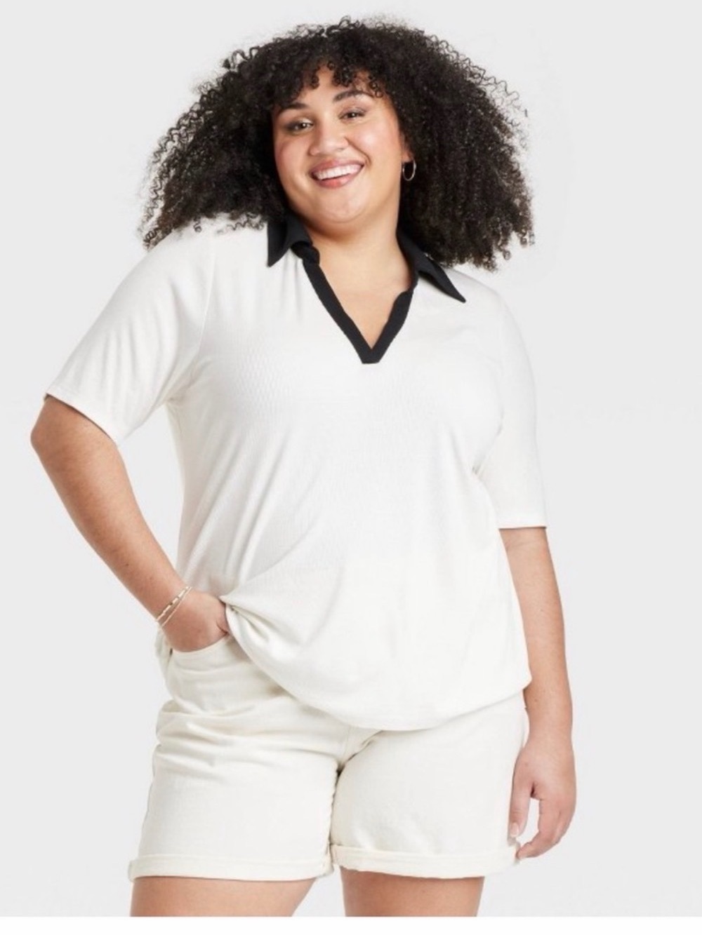 Ava & Viv Cream Short-Sleeve Polo Top with Black Trim